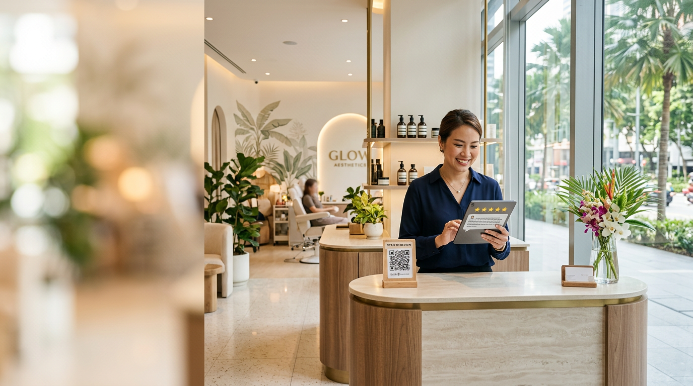 Salon owner viewing 5-star reviews on tablet