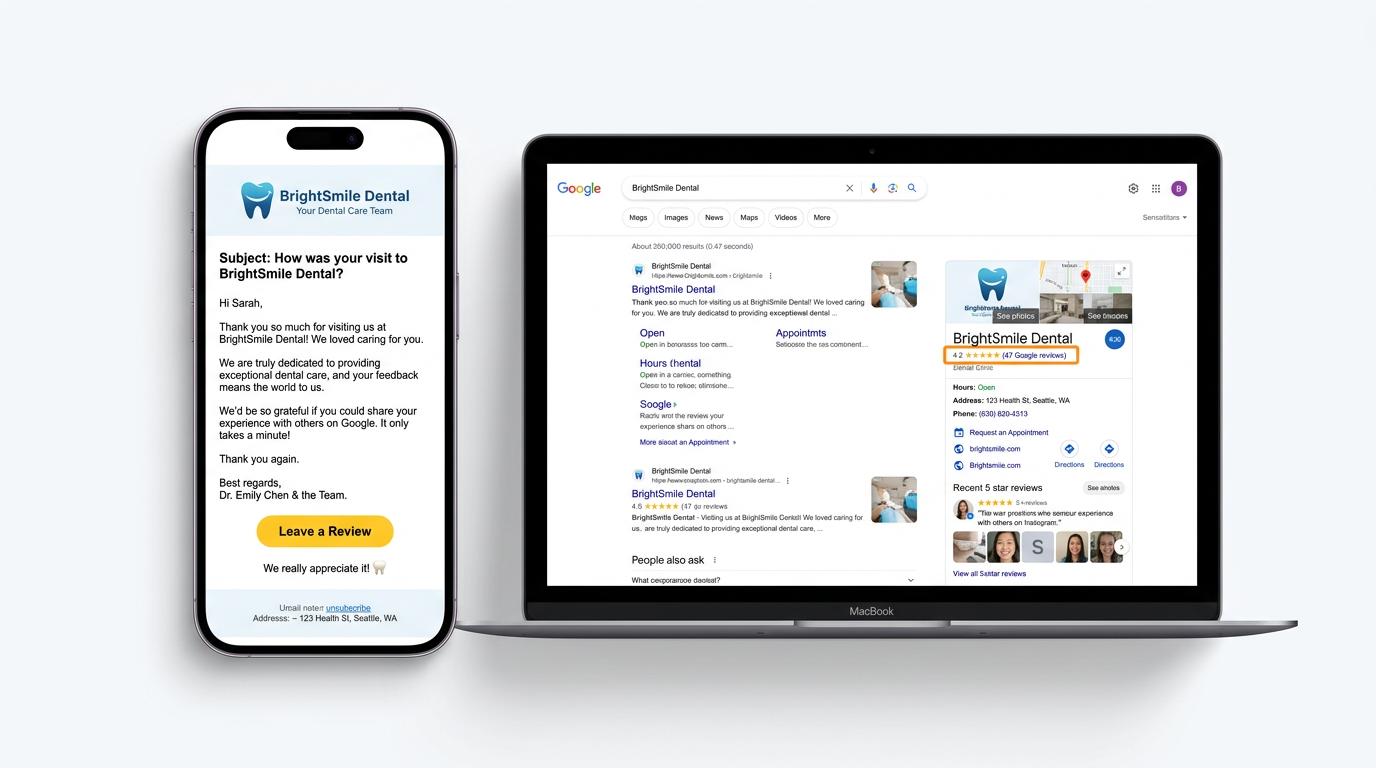 GoReview product mockup — review request email on phone and Google results on laptop